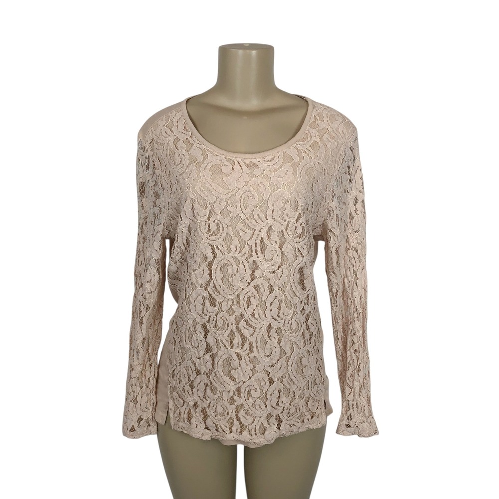 Chicos Beige Floral Lace Overlay Long Sleeve Shirt Top Sweater Large Modal Blend